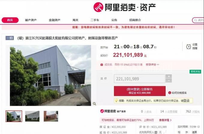 2.2億起！浙江長興漢能薄膜太陽能有限公司破產拍賣