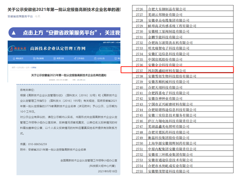 鳳陽凱盛首次通過國家級高新技術企業認定
