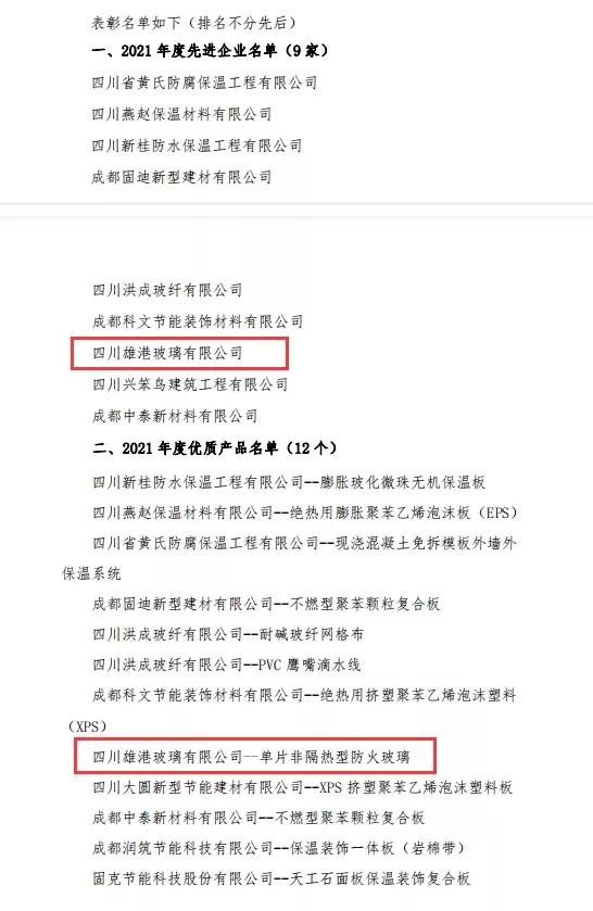 雄港公司獲評“先進企業”，單片非隔熱型防火玻璃獲評“優質產品”