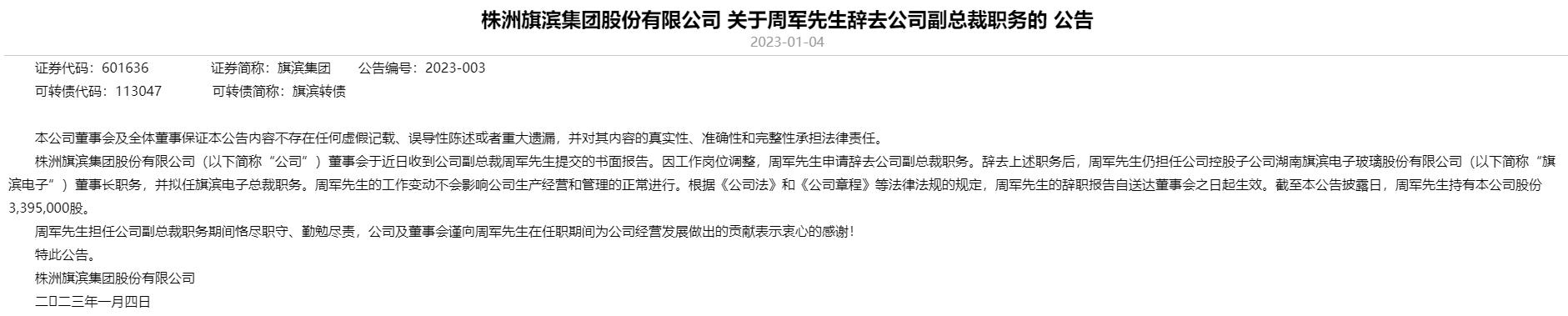 旗濱集團：周軍辭去公司副總裁職務
