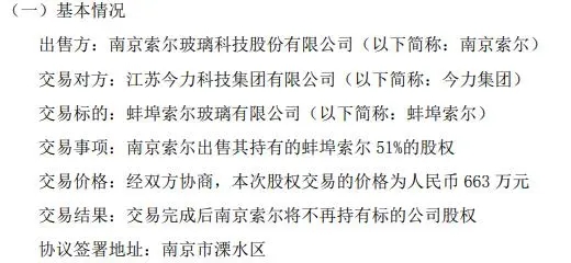 轉讓價663萬！索爾玻璃將持有的蚌埠索爾玻璃51%的股權轉讓江蘇今力科技集團