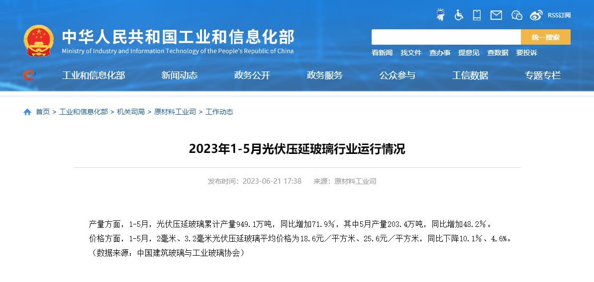 工信部：1-5月光伏壓延玻璃累計產量949.1萬噸 同比增加71.9％