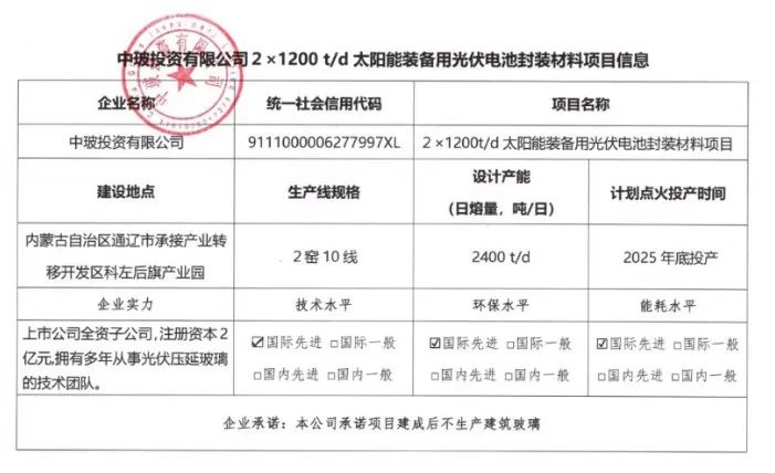 中玻投資有限公司2×1200t/d太光伏電池封裝材料項目信息公示