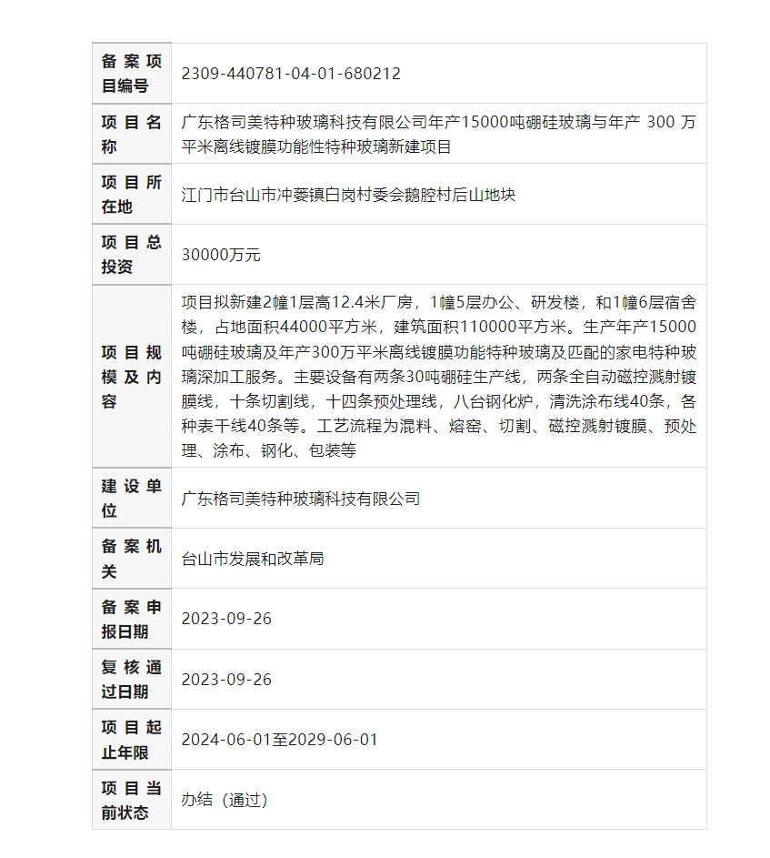 廣東格司美新建年產15000噸硼硅玻璃與年產 300 萬平米離線鍍膜功能性特種玻璃項目