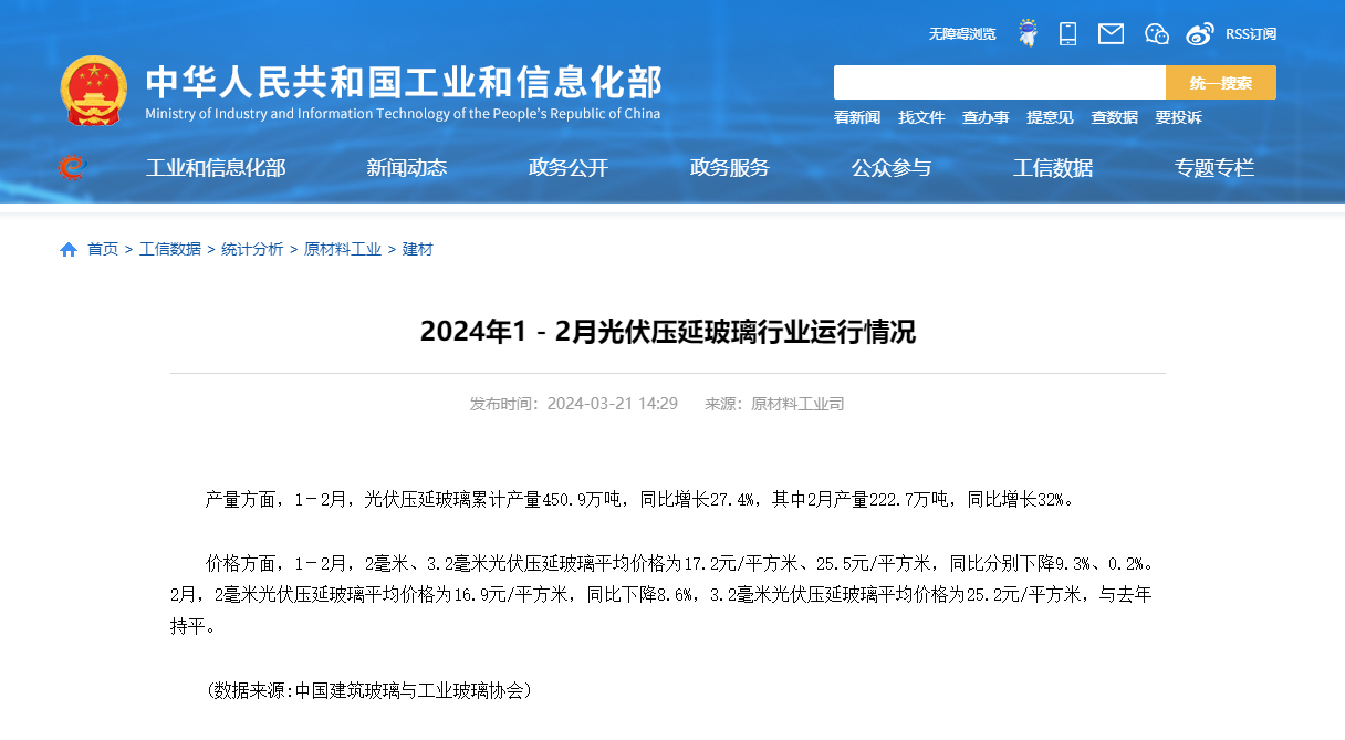 1-2月光伏壓延玻璃累計產量450.9萬噸，同比增長27.4%